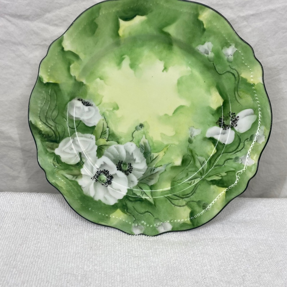 O & EG Royal Austria Antique Hand Painted Green Floral Scalloped Porcelain Plate